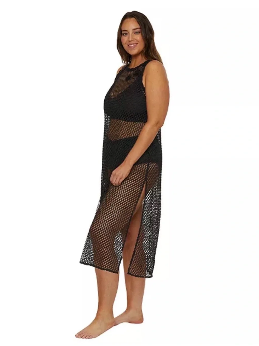 BECCA Black Mesh Midi Swim Cover-Up. Plus Size OX 14/16. NWT. Crochet Flowers